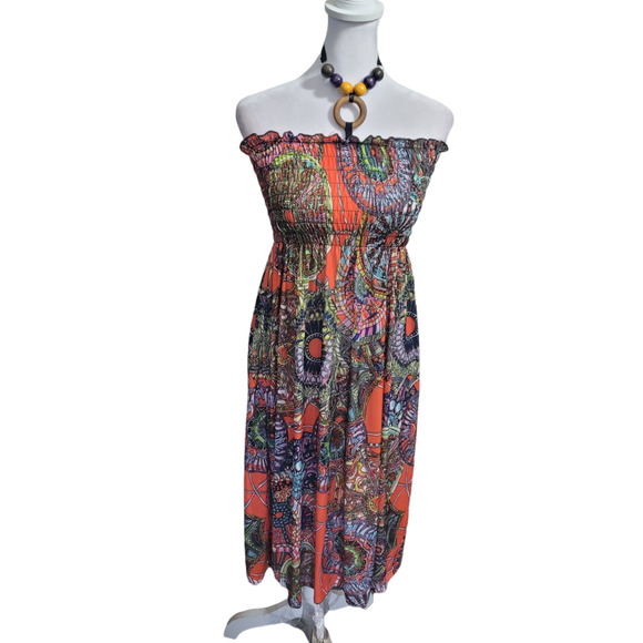 Private Label Dresses & Skirts - Women's  Orange & Green Sleeveless Wooden Beaded Halter Boho Maxi DressSz. OS